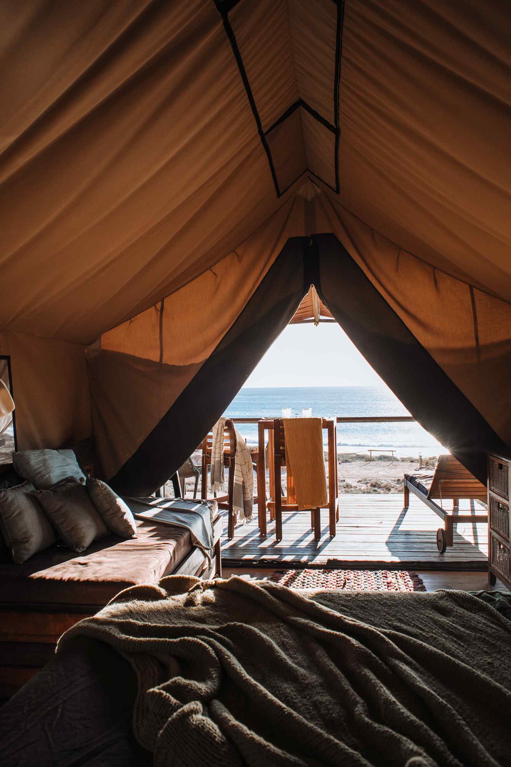 glamping beach tent with view of the sea